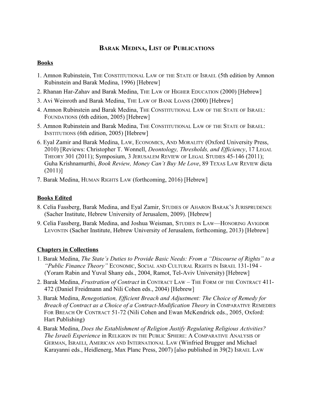 Barak Medina, List of Publications