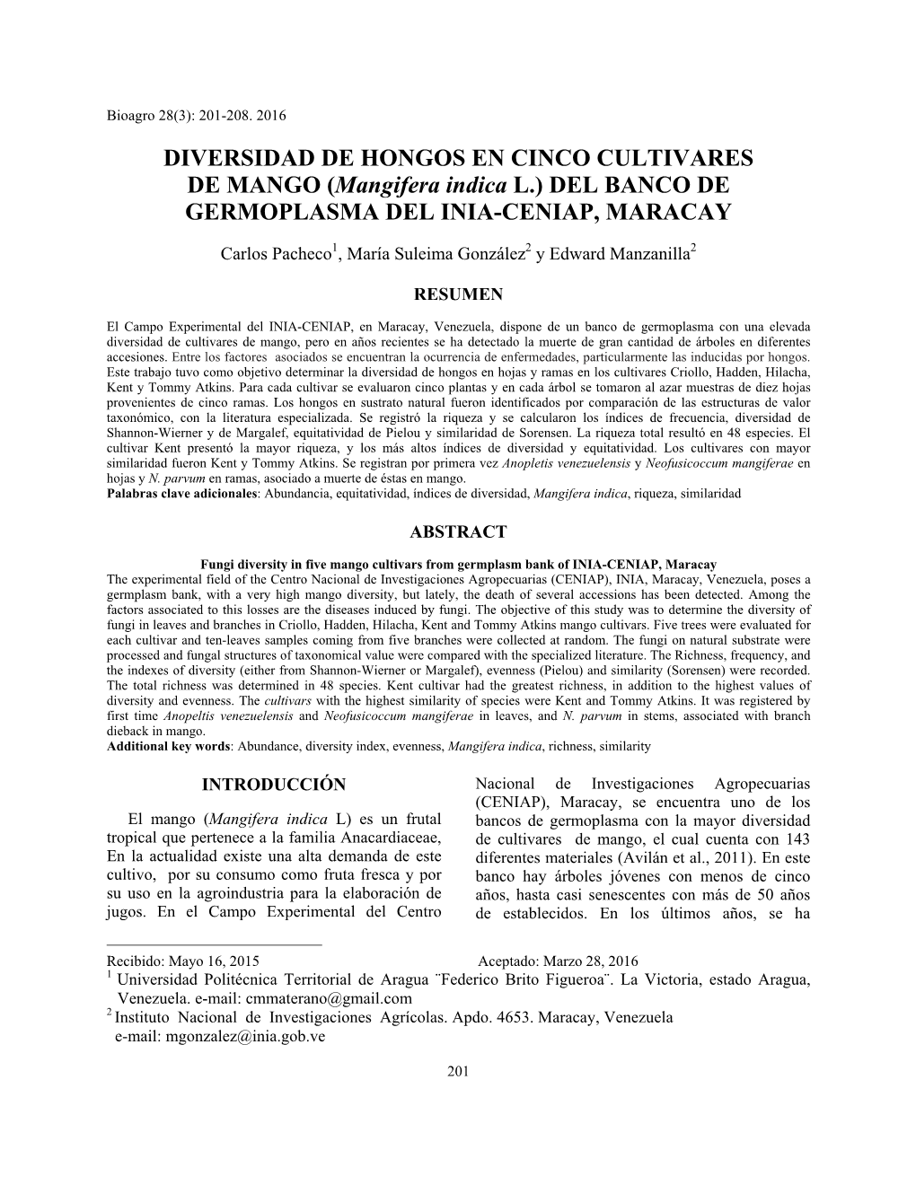 Mangifera Indica L.) DEL BANCO DE GERMOPLASMA DEL INIA-CENIAP, MARACAY