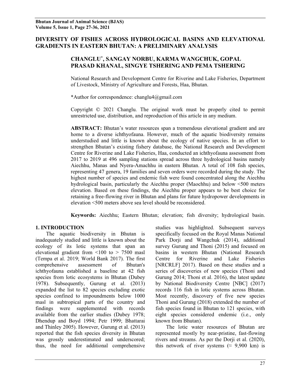 Diversity of Fishes Across Hydrological Basins and Elevational Gradients in Eastern Bhutan: a Preliminary Analysis