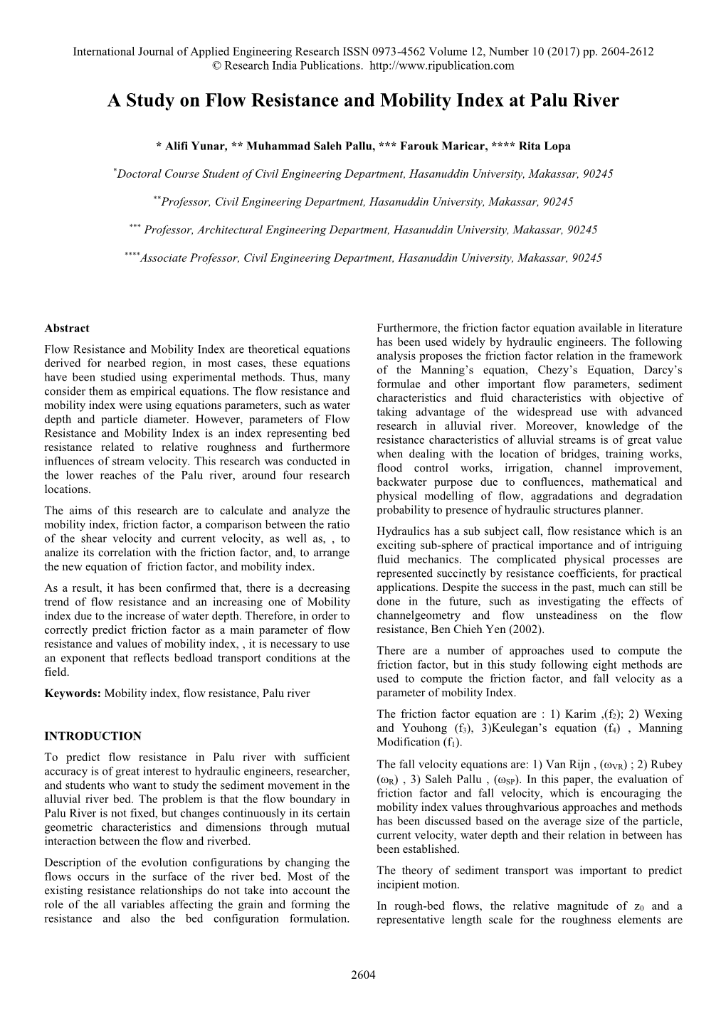 A Study on Flow Resistance and Mobility Index at Palu River