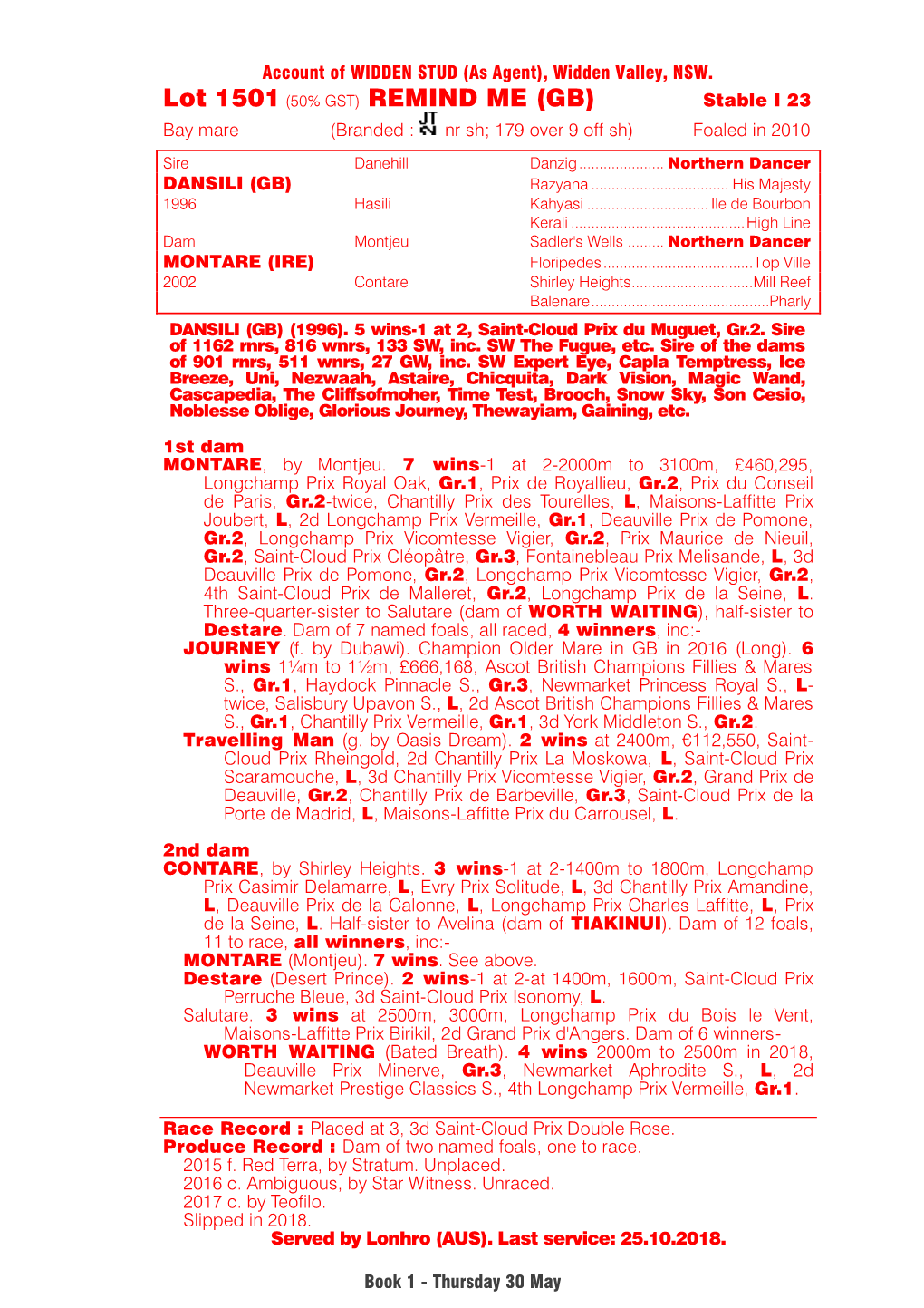 Lot 1501 (50% GST) REMIND ME (GB) Stable I 23 Bay Mare (Branded : Nr Sh; 179 Over 9 Off Sh) Foaled in 2010