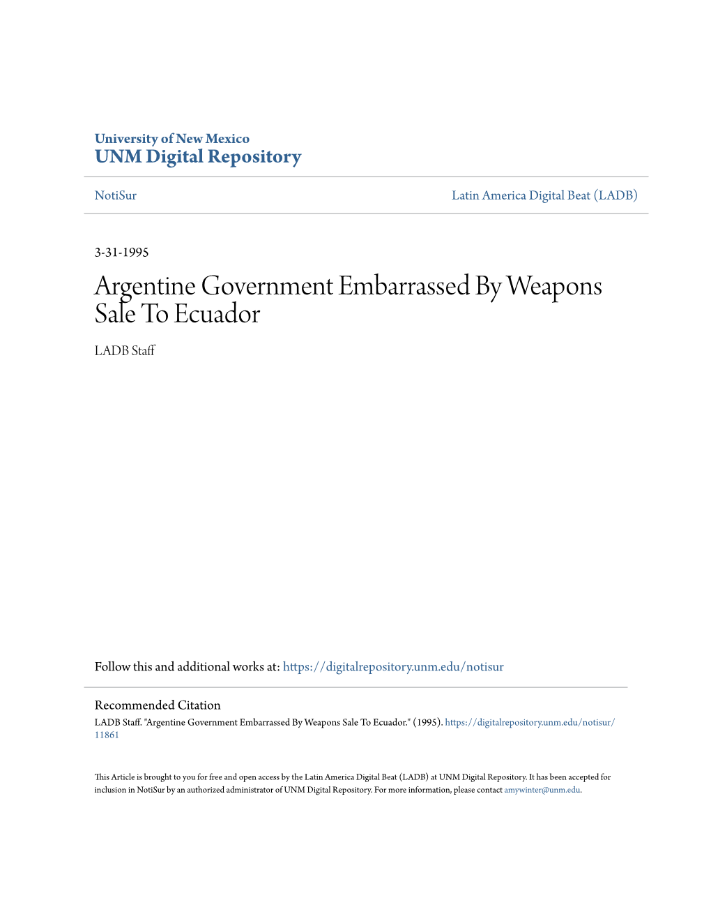Argentine Government Embarrassed by Weapons Sale to Ecuador LADB Staff