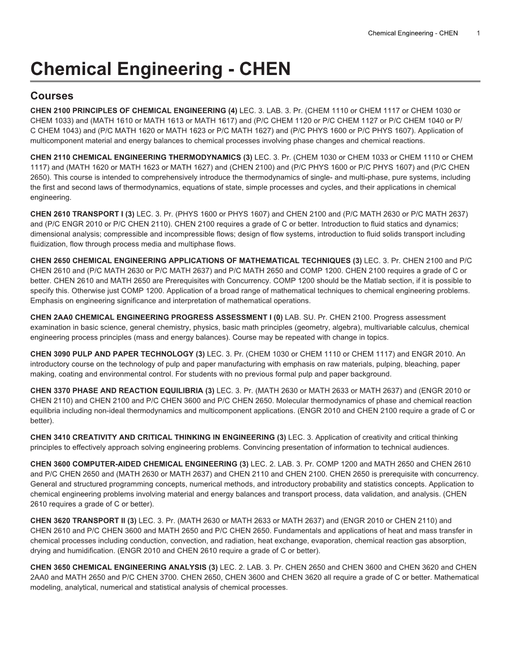 Chemical Engineering - CHEN 1