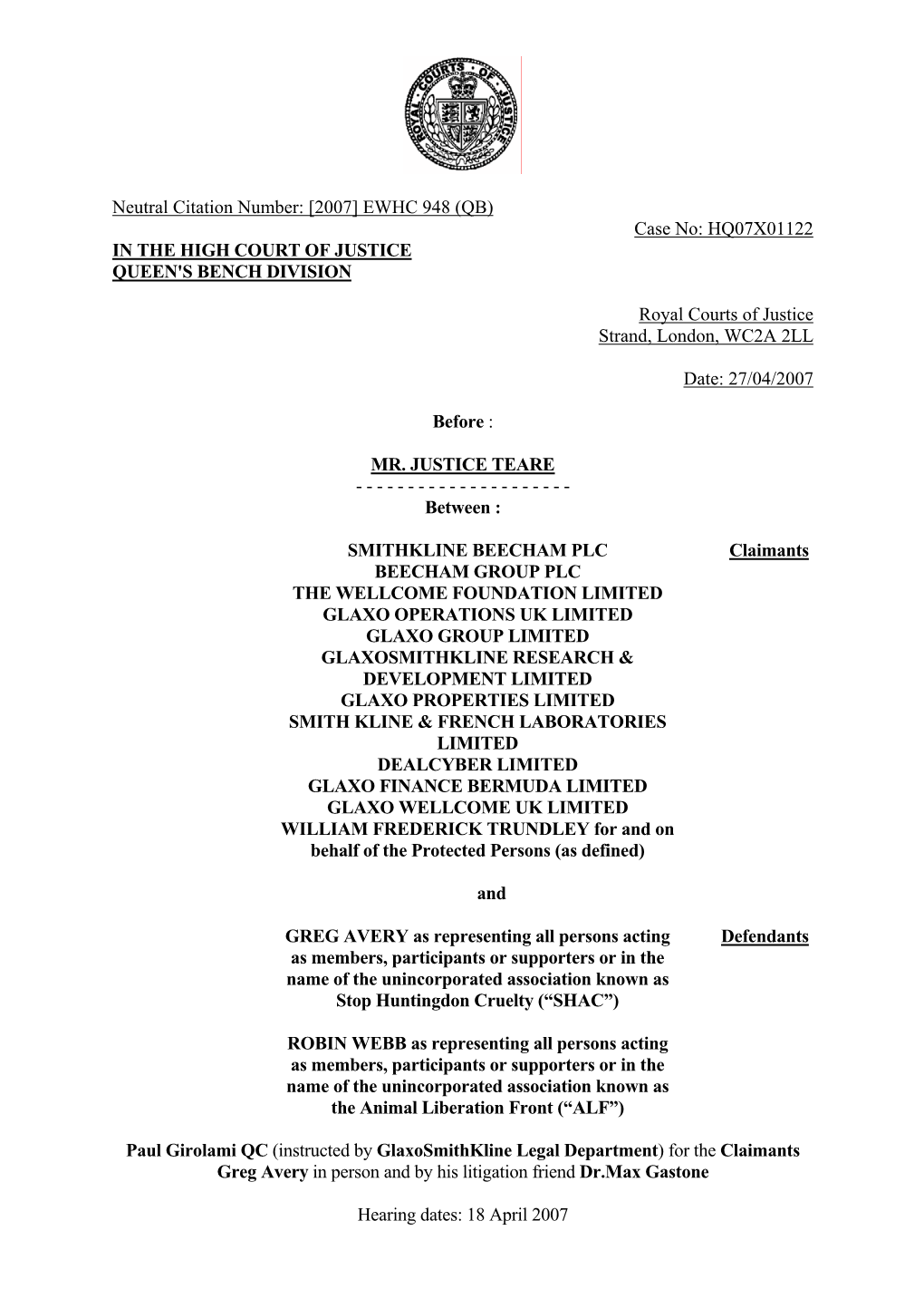 Smithkline Beecham & Others V Avery & Webb QBD 27 Apr 2007