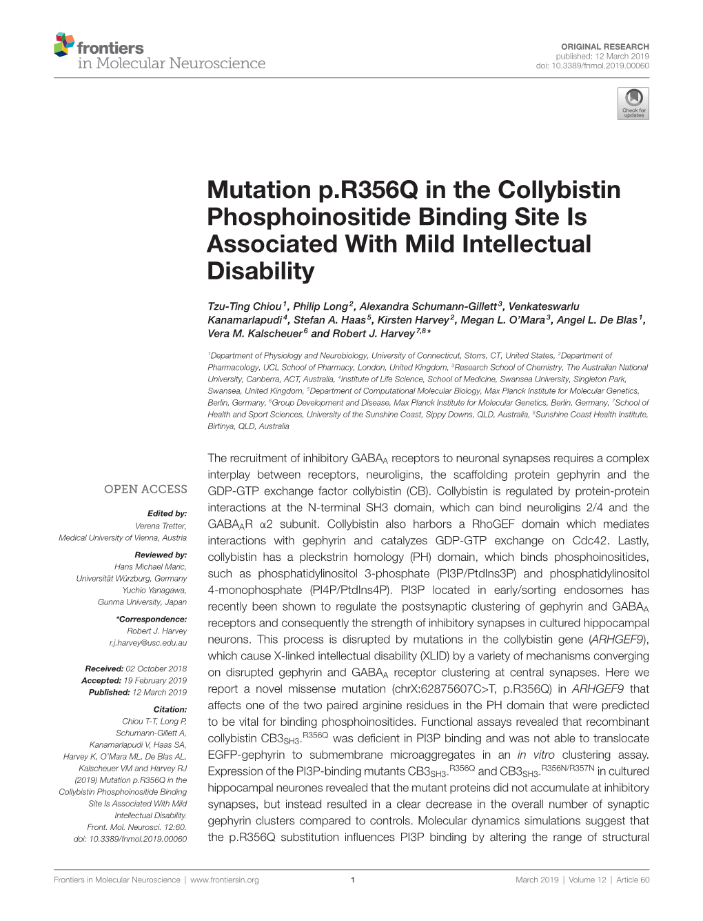 Mutation P.R356Q in the Collybistin Phosphoinositide Binding Site Is Associated with Mild Intellectual Disability