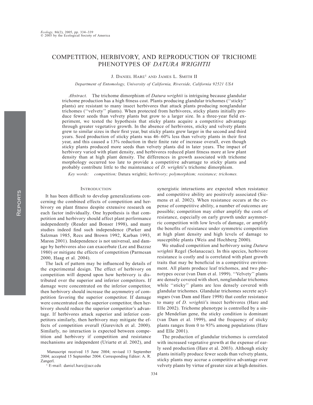 Competition, Herbivory, and Reproduction of Trichome Phenotypes of Datura Wrightii