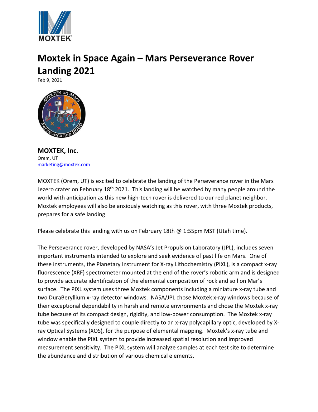 Moxtek in Space Again – Mars Perseverance Rover Landing 2021 Feb 9, 2021