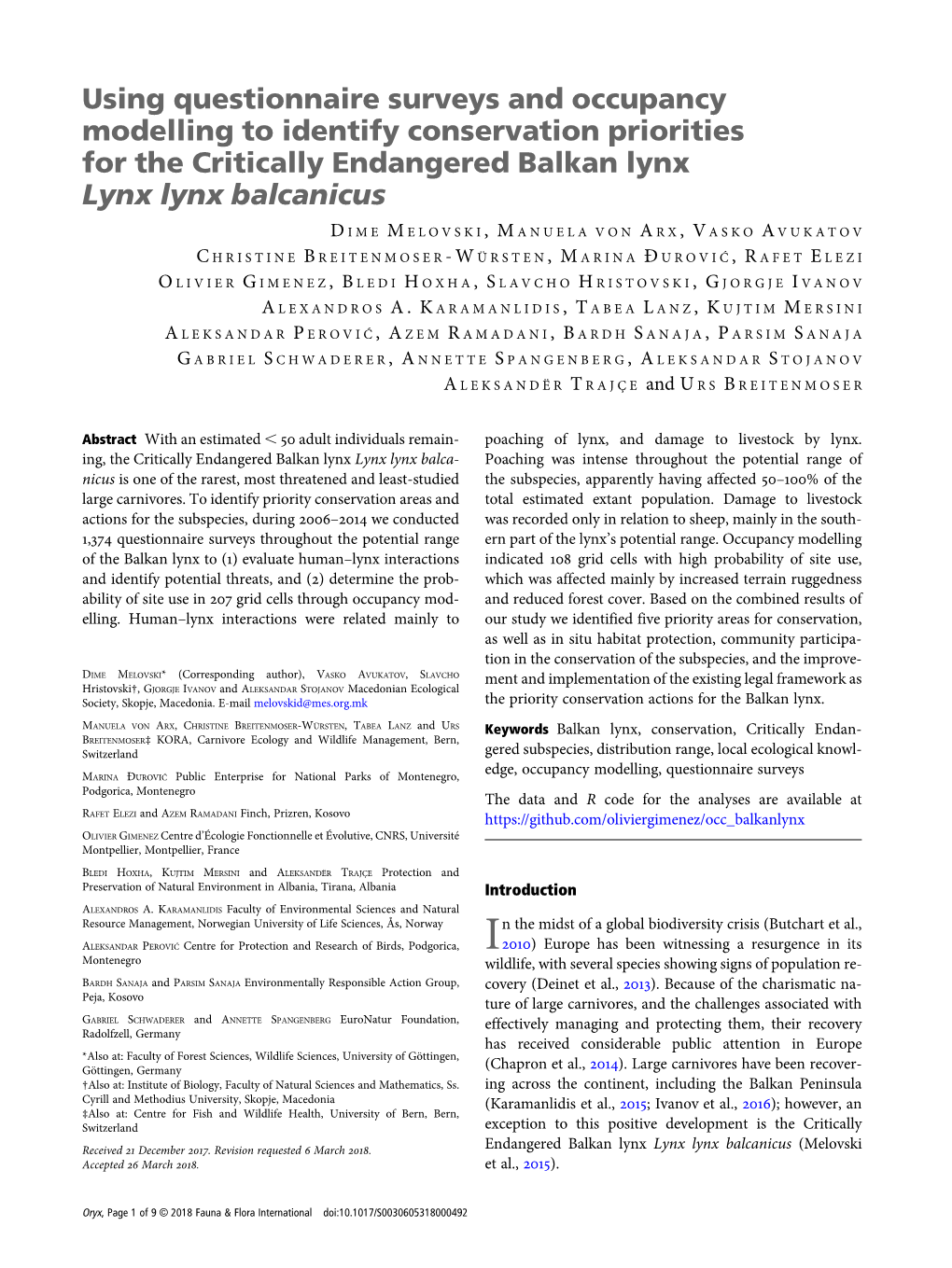 Using Questionnaire Surveys and Occupancy Modelling to Identify Conservation Priorities for the Critically Endangered Balkan Lynx Lynx Lynx Balcanicus