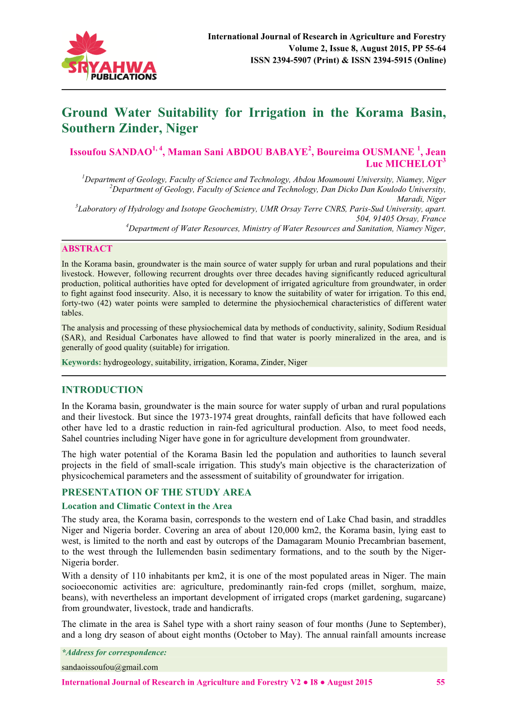 Ground Water Suitability for Irrigation in the Korama Basin, Southern Zinder, Niger