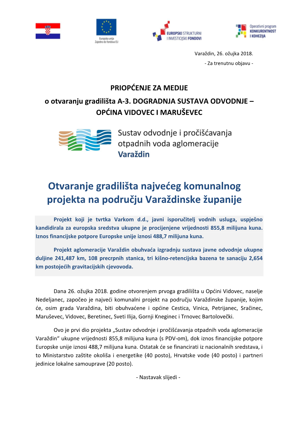 Otvaranje Gradilišta Najvećeg Komunalnog Projekta Na Području Varaždinske Županije