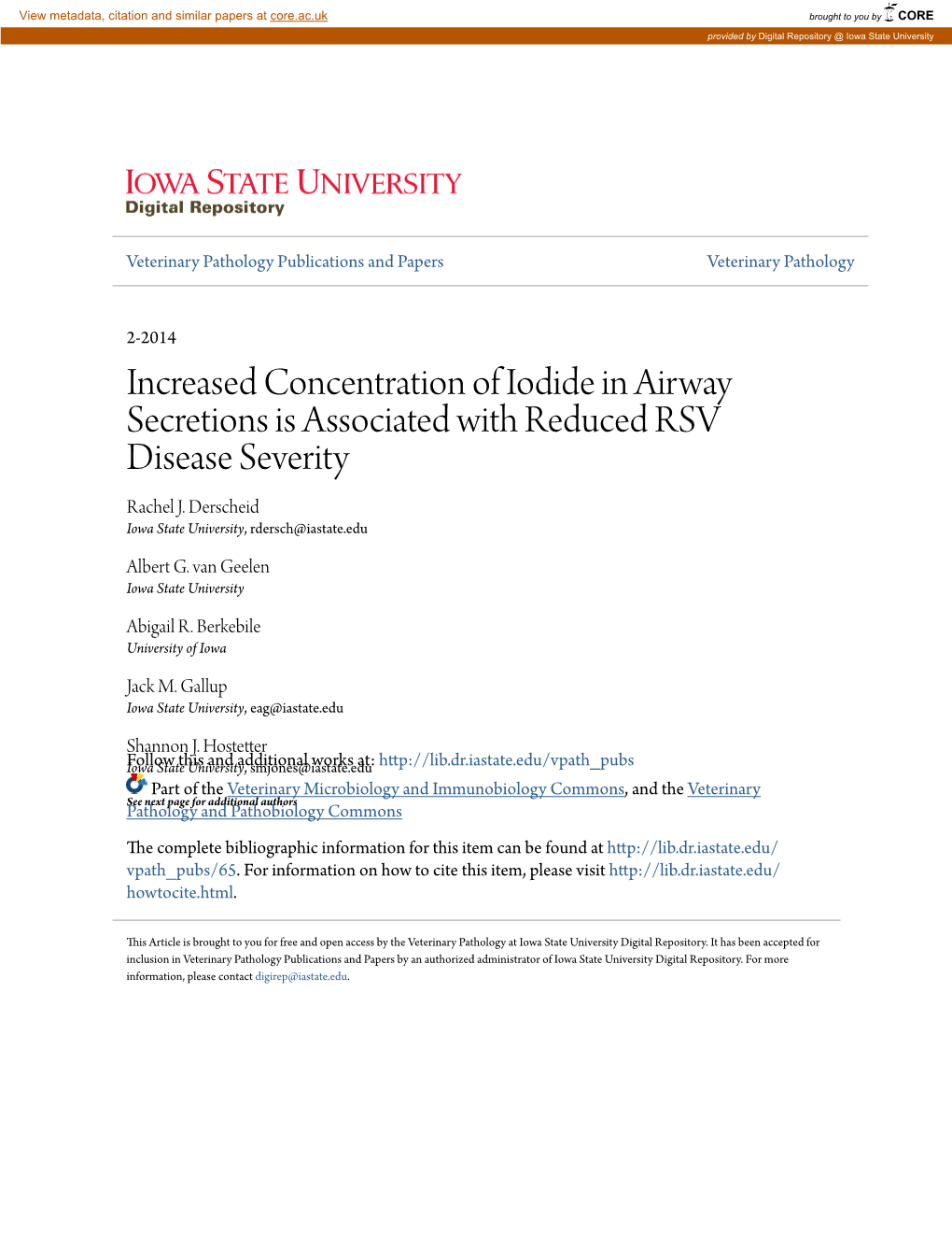 Increased Concentration of Iodide in Airway Secretions Is Associated with Reduced RSV Disease Severity Rachel J