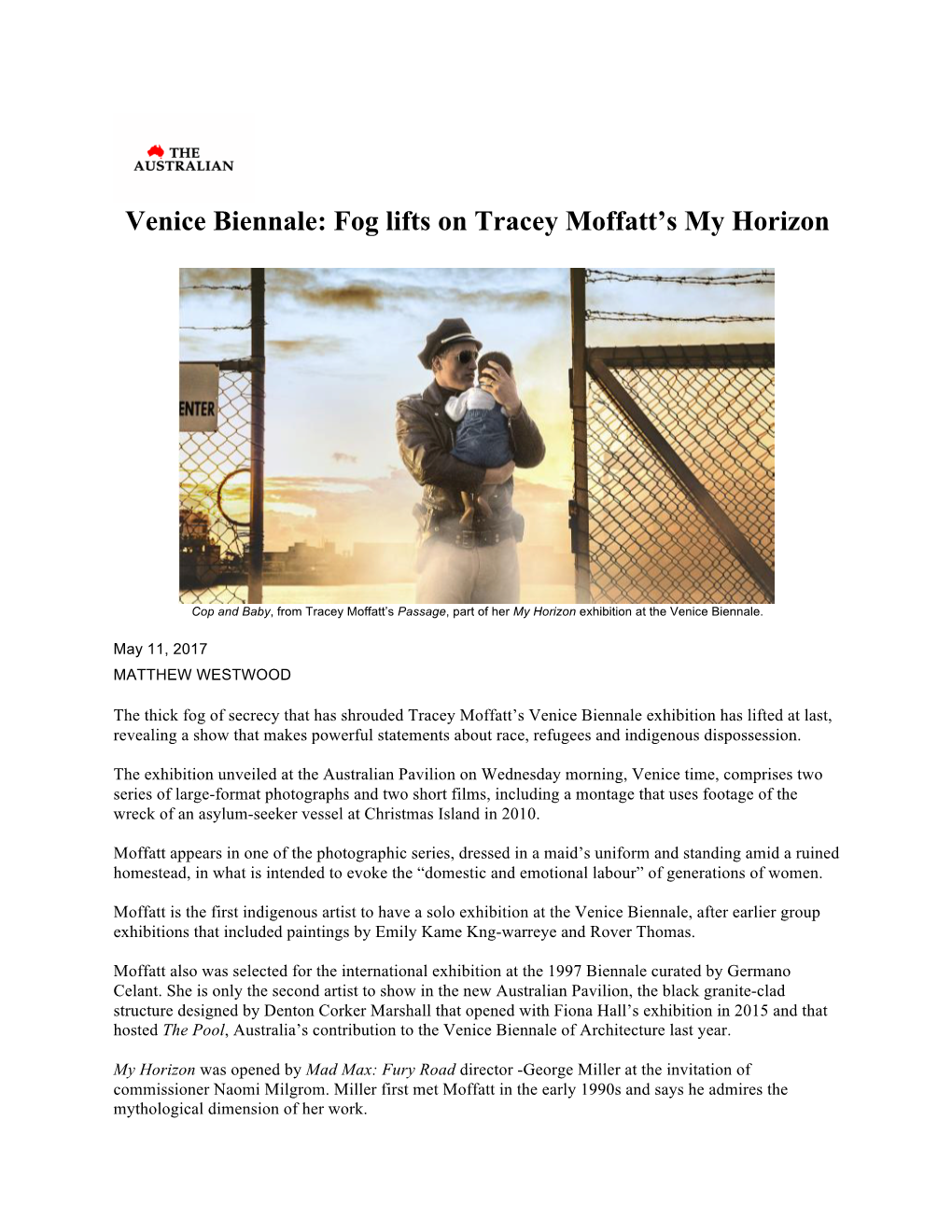 The Australian, Venice Biennale- Fog Lifts on Tracey Moffatt's My Horizon