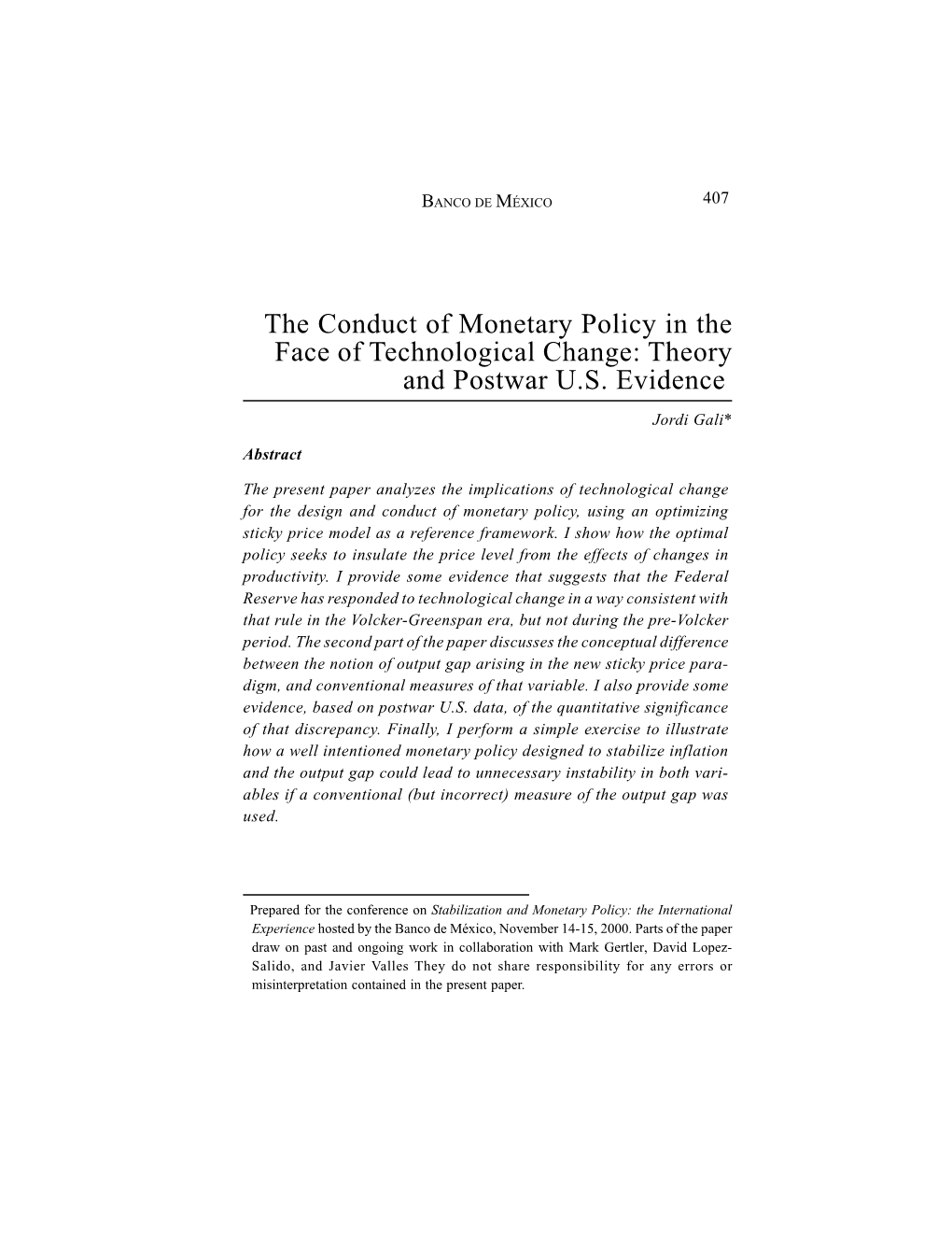 The Conduct of Monetary Policy in the Face of Technological Change: Theory and Postwar U.S