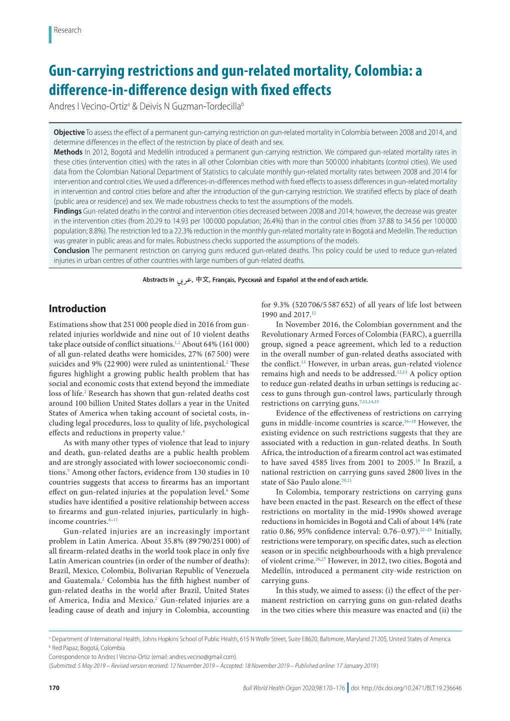 Gun-Carrying Restrictions and Gun-Related Mortality, Colombia