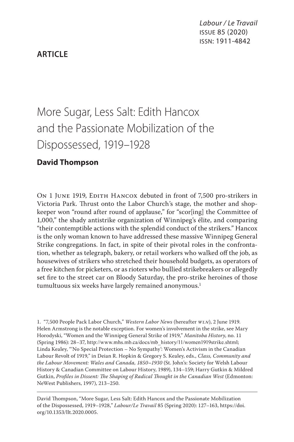 Edith Hancox and the Passionate Mobilization of the Dispossesed, 1919–1928