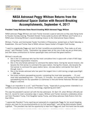 NASA Astronaut Peggy Whitson Returns from the International Space Station with Record-Breaking Accomplishments, September 4, 2017