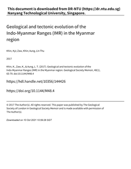 Geological and Tectonic Evolution of the Indo‑Myanmar Ranges (IMR) in the Myanmar Region