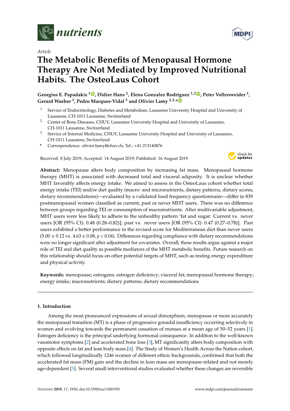 The Metabolic Benefits of Menopausal Hormone Therapy Are Not