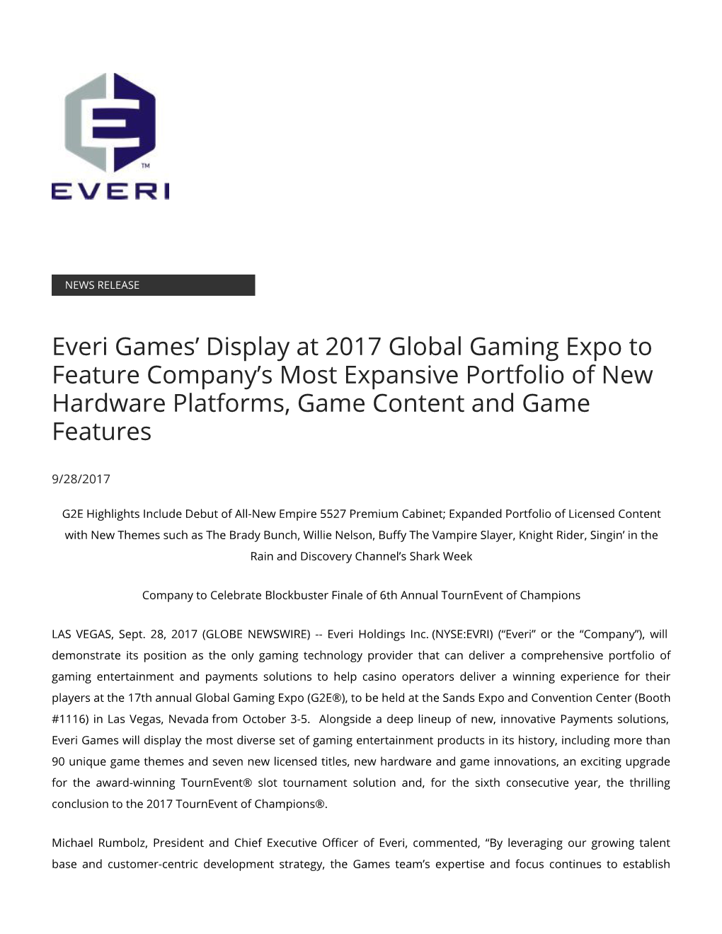 Everi Games' Display at 2017 Global Gaming Expo to Feature