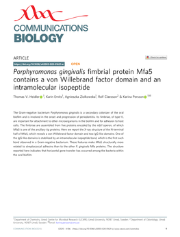 Porphyromonas Gingivalis Fimbrial Protein Mfa5 Contains a Von