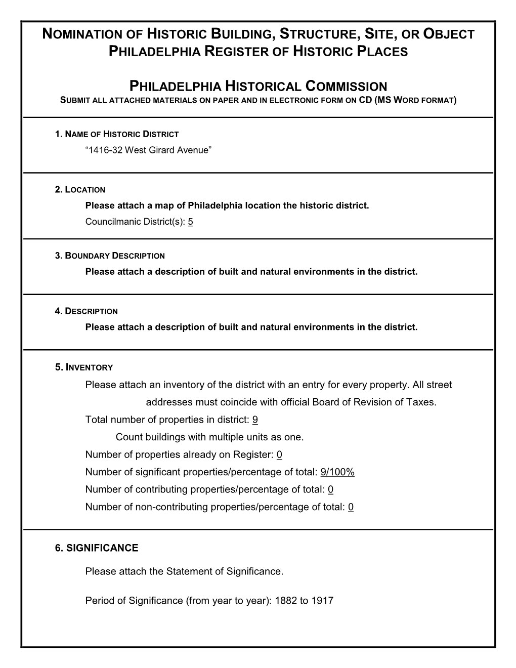 Nomination of Historic Building, Structure, Site, Or Object Philadelphia Register of Historic Places