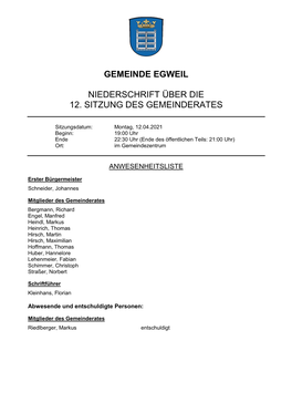Gemeinde Egweil Niederschrift Über Die 12. Sitzung Des Gemeinderates