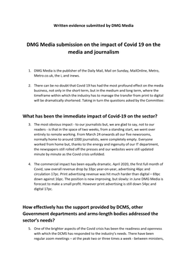 DMG Media Submission on the Impact of Covid 19 on the Media and Journalism