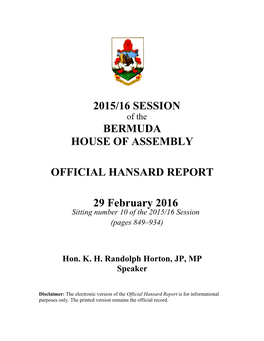 2015/16 Session Bermuda House of Assembly Official