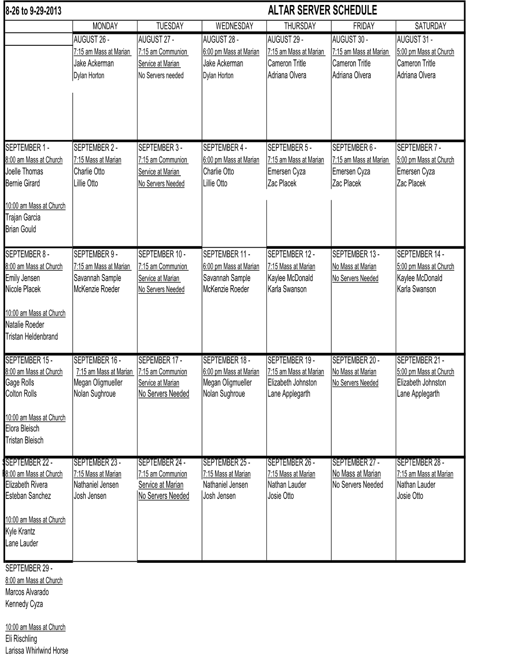 Altar Server Schedule September '13 (HR)