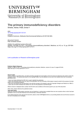 University of Birmingham the Primary Immunodeficiency Disorders