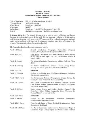 Hacettepe University Faculty of Letters Department of English Language and Literature Course Syllabus