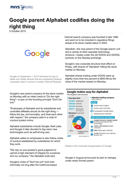 Google Parent Alphabet Codifies Doing the Right Thing 5 October 2015