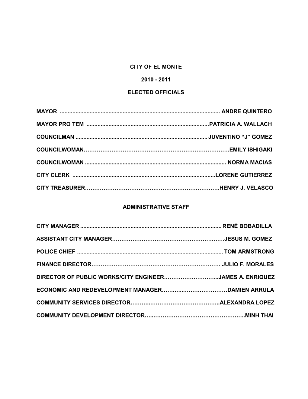 Most Recent Item Fiscal Year 2010-2011 Adopted Municipal Budget