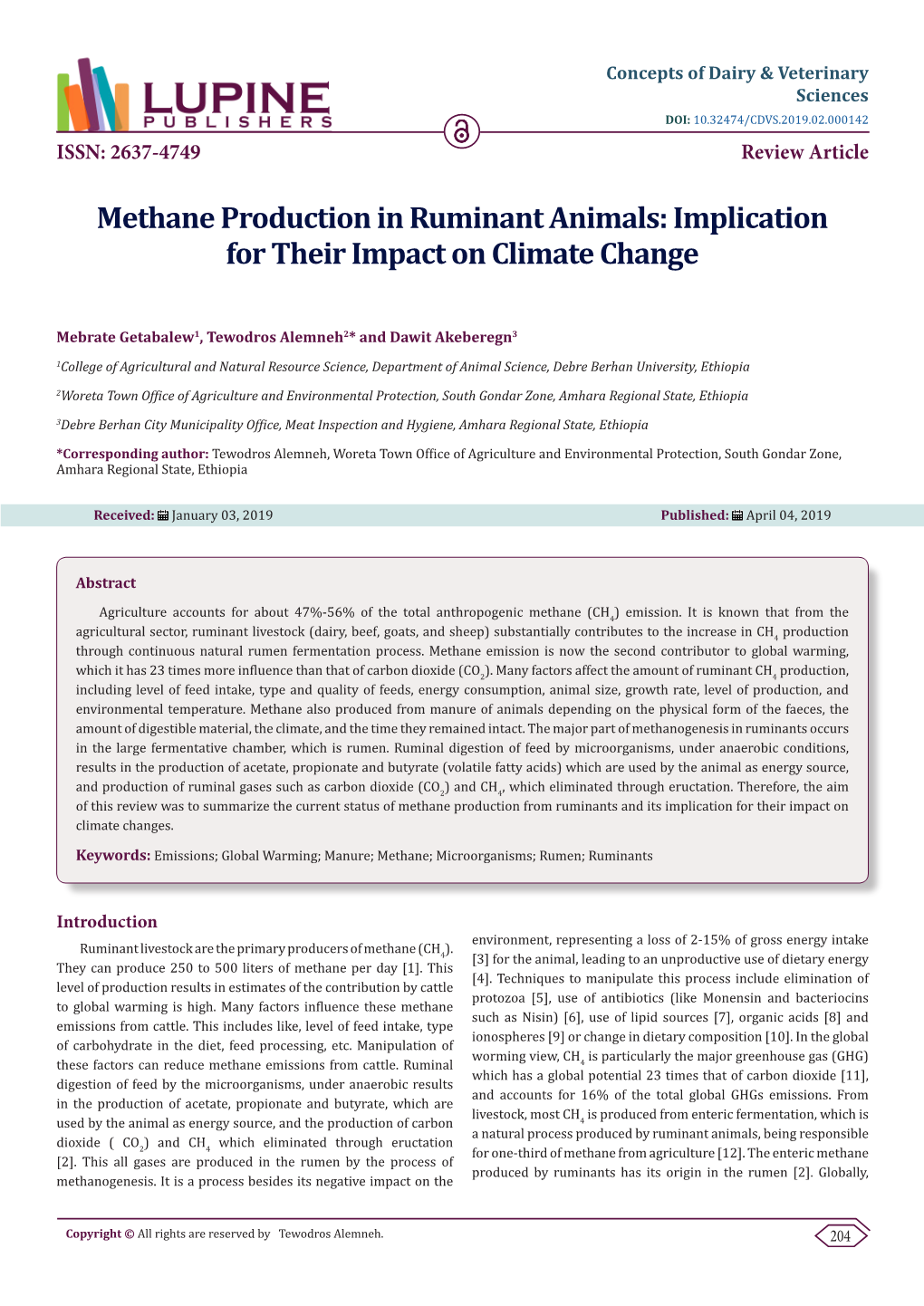 Methane Production in Ruminant Animals: Implication for Their Impact on Climate Change