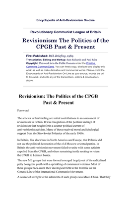 Revisionism: the Politics of the CPGB Past & Present