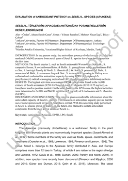 EVALUATION of ANTIOXIDANT POTENCY on SESELI L. SPECIES (APIACEAE)