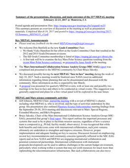 Summary of the Presentations, Discussion, and Main Outcomes of the 33Rd MEPAG Meeting February 22-23, 2017 @ Monrovia, CA