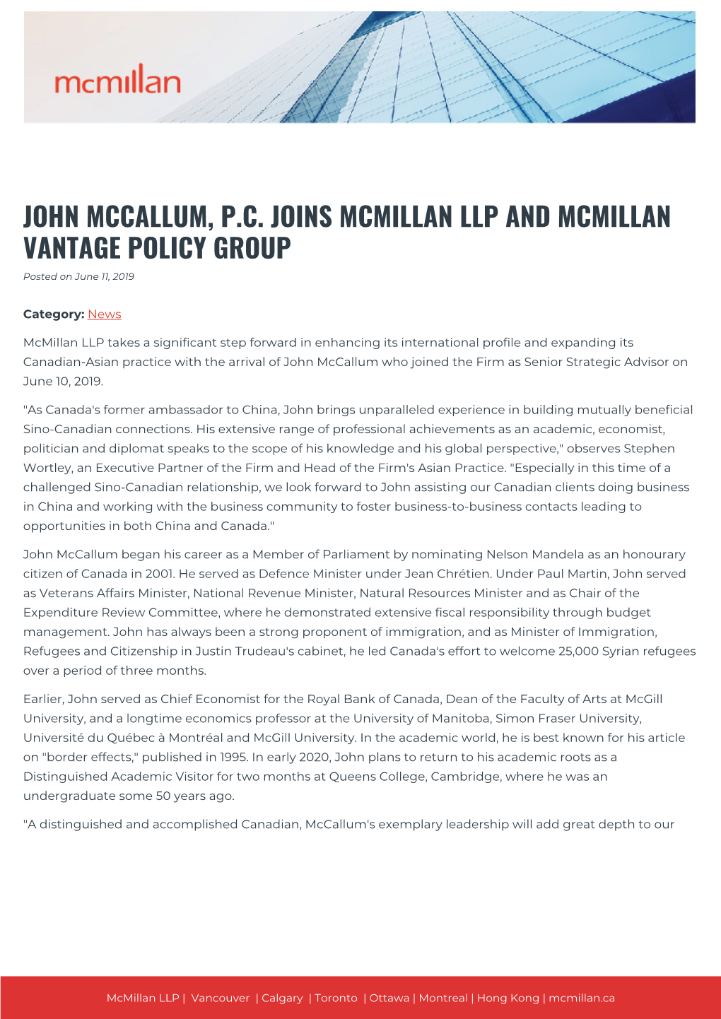 JOHN MCCALLUM, P.C. JOINS MCMILLAN LLP and MCMILLAN VANTAGE POLICY GROUP Posted on June 11, 2019