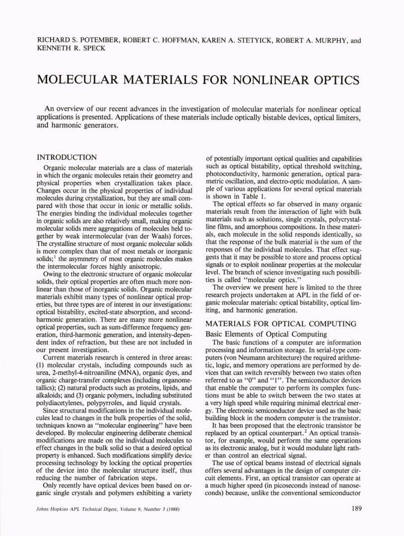 Molecular Materials for Nonlinear Optics