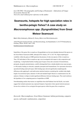 Seamounts, Hotspots for High Speciation Rates in Bentho-Pelagic Fishes? a Case Study on Macroramphosus Spp