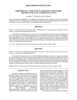 Research/Investigación Addition of a New Insect Parasitic Nematode, Oscheius Tipulae, to Iranian Fauna