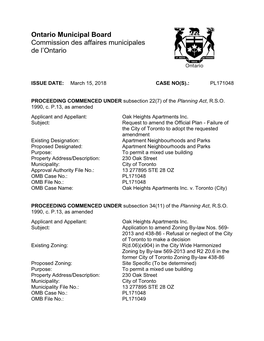Ontario Municipal Board Commission Des Affaires Municipales De L'ontario