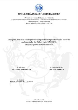 Indagine, Analisi E Catalogazione Del Patrimonio Pittorico Delle Raccolte Ecclesiastiche Del Val Di Noto UNESCO