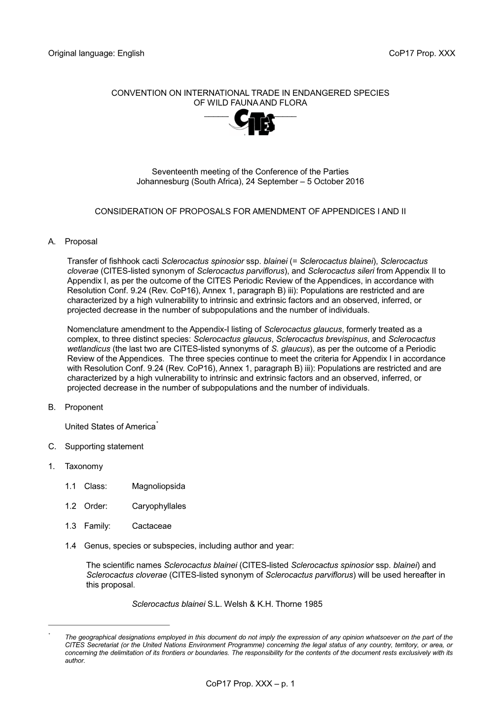 Proposal for Amendment of Appendix I Or II for CITES Cop16