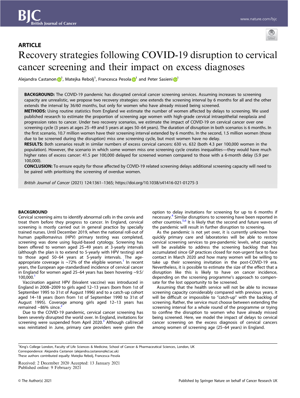Recovery Strategies Following COVID-19 Disruption to Cervical Cancer Screening and Their Impact on Excess Diagnoses