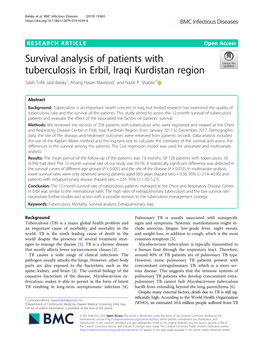 Survival Analysis of Patients with Tuberculosis in Erbil, Iraqi Kurdistan Region Salah Tofik Jalal Balaky1, Ahang Hasan Mawlood1 and Nazar P