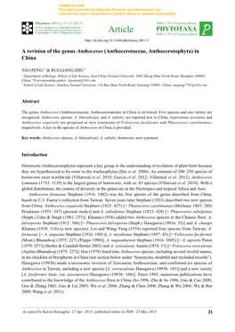 A Revision of the Genus Anthoceros (Anthocerotaceae, Anthocerotophyta) in China