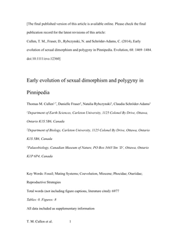 Early Evolution of Sexual Dimorphism and Polygyny in Pinnipedia