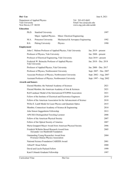 Curriculum Vitae Hui Cao 1 Hui Cao June 8, 2021 Department Of