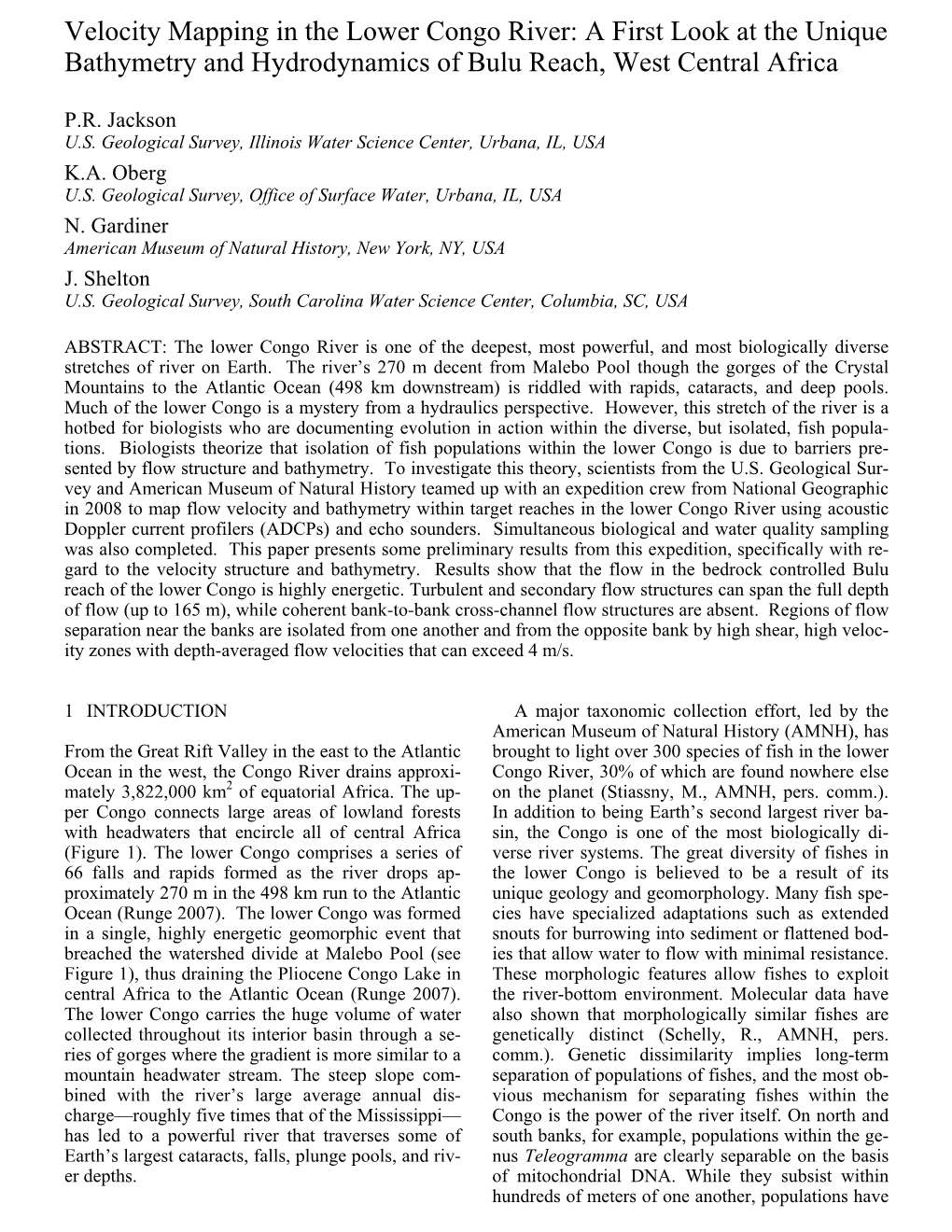 Velocity Mapping in the Lower Congo River: a First Look at the Unique Bathymetry and Hydrodynamics of Bulu Reach, West Central Africa